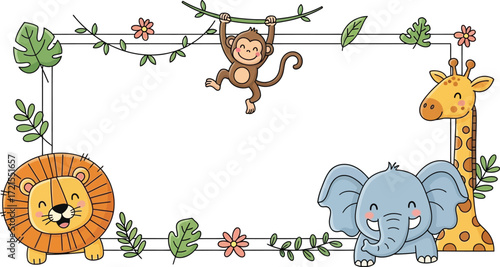 Cartoon jungle animals frame with lion elephant giraffe and monkey on a white background