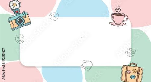 Illustration with camera coffee cup suitcase and heart on colorful background with white text area