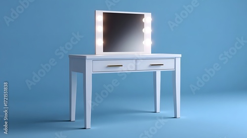 A modern, sleek white dresser with drawers and a minimalist lighted mirror display, positioned in a minimalist, blue-colored room.