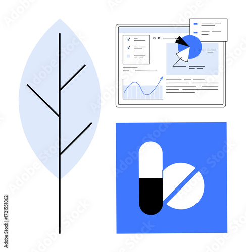 Minimalist tree, data analytics interface with charts, and a pill icon highlighting nature, technology, and healthcare. Ideal for health, data science, eco-tech, pharma research analytics simple