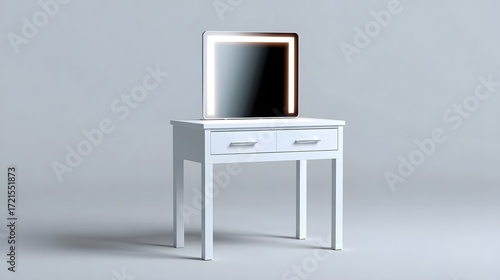 A minimalist white table with drawers, featuring a digital display device placed on top in a clean, contemporary interior setting.