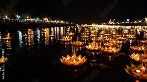 Night River Glowing with Floating Krathongs and Candlelight in Festive Mood from Right Side, Loy Krathong Celebration Concept