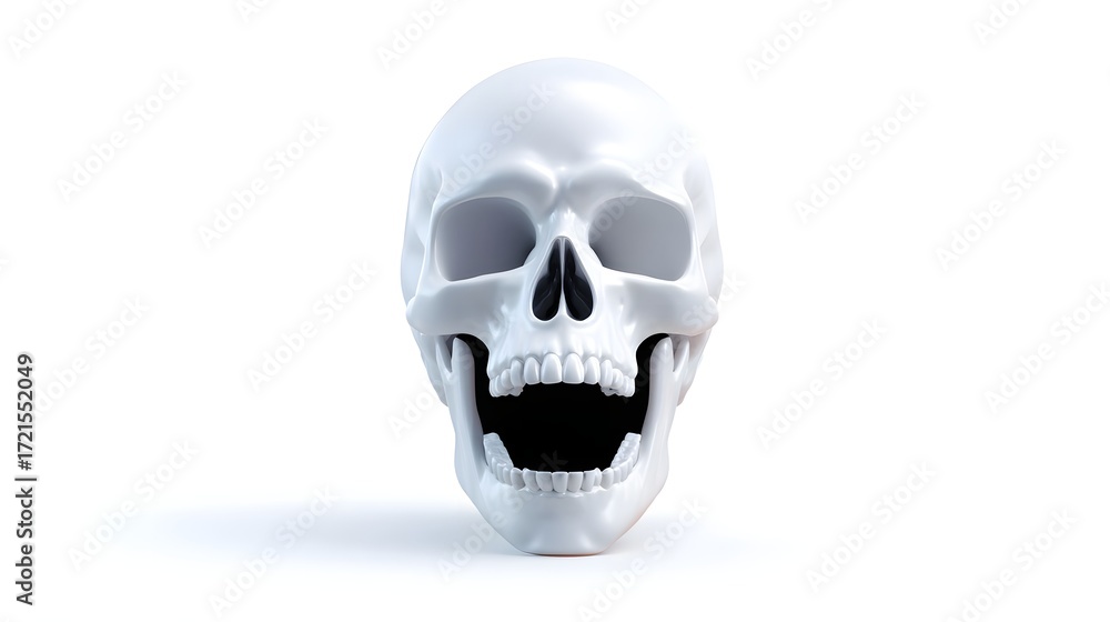 Fototapeta premium Striking close-up of a highly detailed, monochrome human skull in an eerie, spooky setting.