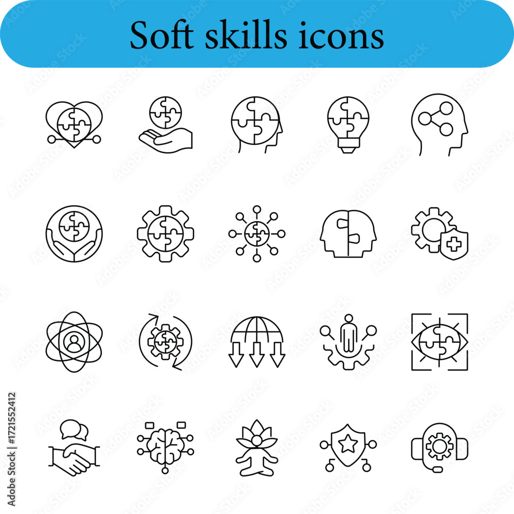 Fototapeta premium Collection of hand drawn soft skills icons in outline style
