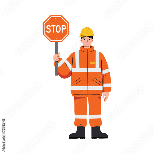 A man in an orange safety uniform and yellow hard hat holding a red stop sign, indicating a halt or caution on a white background.