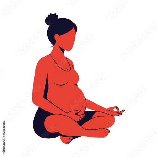 A pregnant woman in the third trimester sits in a meditative pose, cross-legged with her hands resting on her knees, symbolizing peace and well-being during pregnancy.