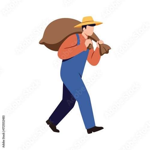 A male farmer or laborer carrying a heavy sack over his shoulder, walking with a burden.