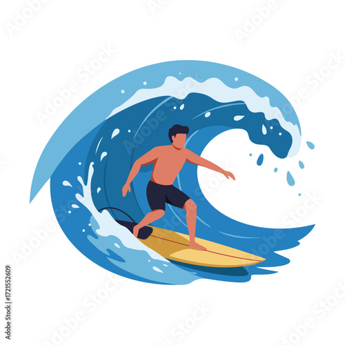 A man surfing a large blue ocean wave, enjoying a summer water sport activity with a yellow surfboard.