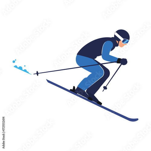 A skier in a blue outfit is skiing down a snowy slope with ski poles.