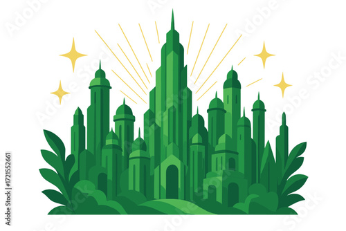 Illustration of a resplendent emerald city design concept