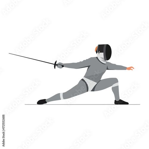 A fencer in protective gear lunges forward with a foil in a dynamic pose.
