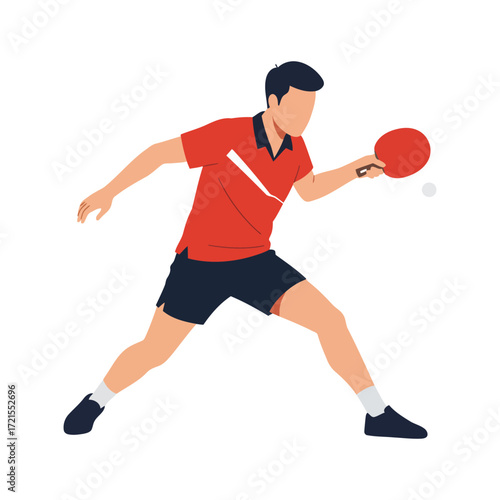 Flat illustration of a male table tennis player in a red shirt hitting a ping pong ball with a paddle.