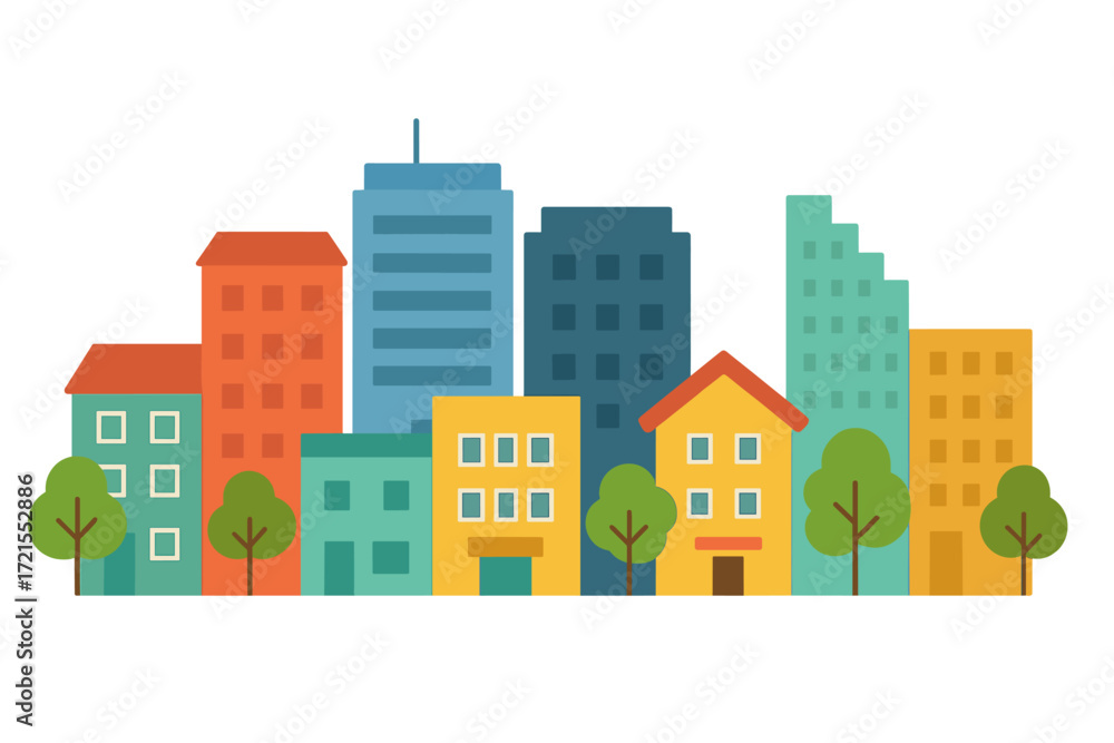Fototapeta premium A flat cityscape featuring colorful buildings and trees