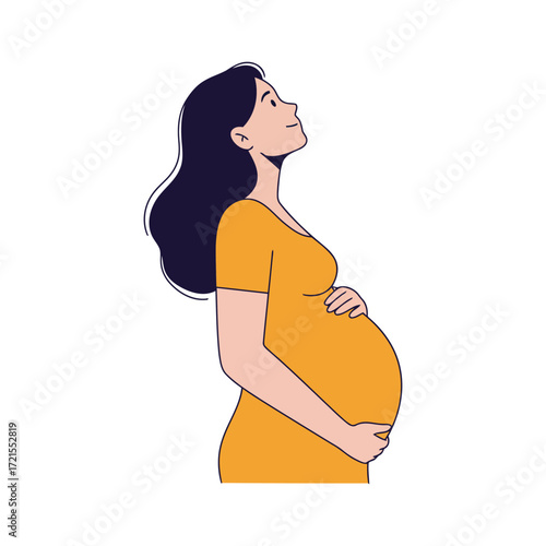 A pregnant woman in profile view, gently holding her belly, looking upward with a serene expression.