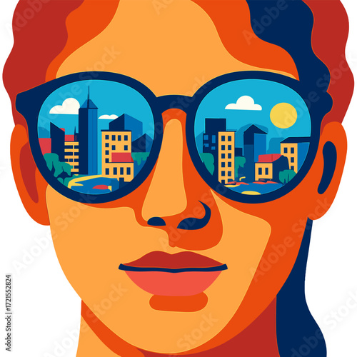 A lively, contemporary illustration depicts a close‑up of a face in sunglasses, reflecting a bustling cityscape in the lenses, blending urban life with artistic flair