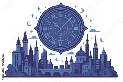 A futuristic fantasy city skyline showcases a colossal enchanted clock hanging in the sky, merging modern architecture with mystical features