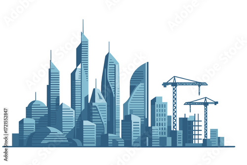 Illustration of a futuristic city skyline with urban development and construction, set against a white background, designed for a website banner