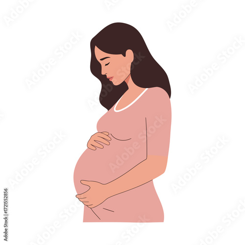 A beautiful pregnant woman with long dark hair in a pink dress gently cradles her baby bump.