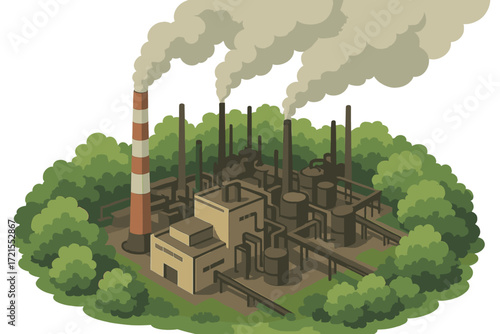 A high-angle view of an industrial plant emitting heavy air pollution, surrounded by lush greenery