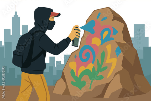 An urban graffiti artist applies vibrant designs to a rock formation
