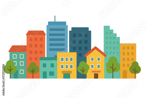 A flat cityscape featuring colorful buildings and trees