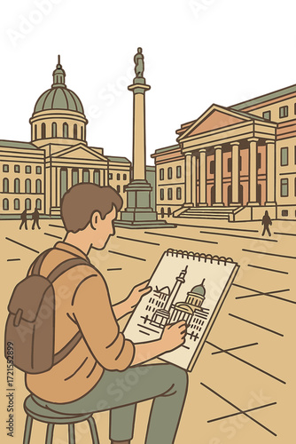An artist sketches a classical cityscape in a public square
