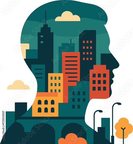 The Urban Mindset is a striking double exposure image that blends a human silhouette with a lively cityscape, illustrating the intricate and interconnected nature of contemporary life