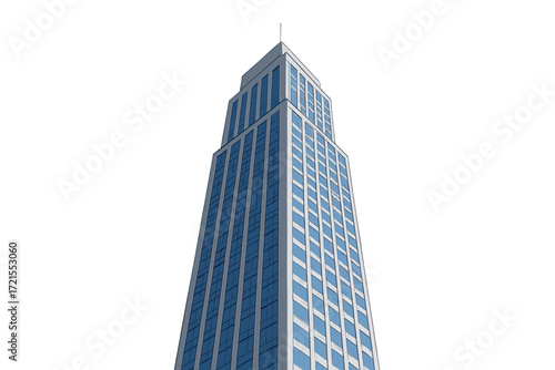 A tall corporate skyscraper extends toward a clear blue sky under bright daylight, captured in high resolution