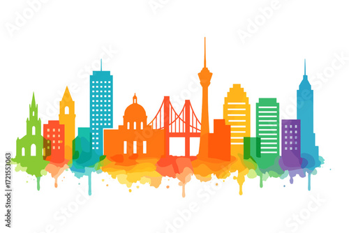 Colorful cityscape rendered in abstract watercolor, showcasing a skyline of vivid architecture for modern urban art and contemporary design