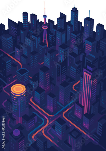 From above, futuristic cityscapes reveal glowing structures and vibrant colors