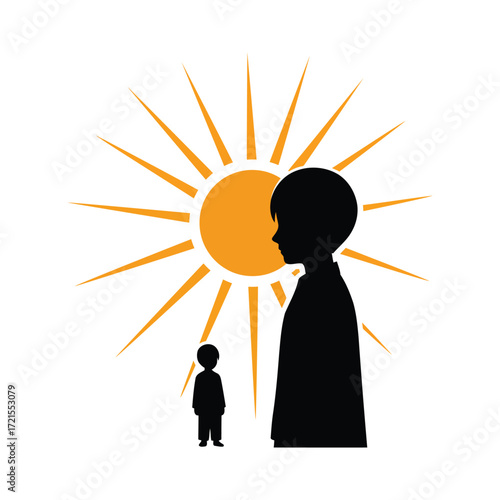 Silhouette of a child growing into an adult, sun rays in background.