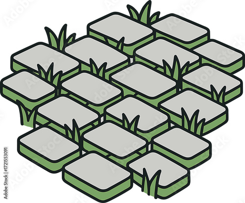 Grass sprouting between cobblestones in a parking lot forms sustainable pavement