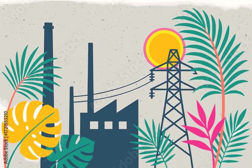 A summer backdrop featuring industrial vibes, concrete textures, tropical foliage, and neon accents for an urban edge