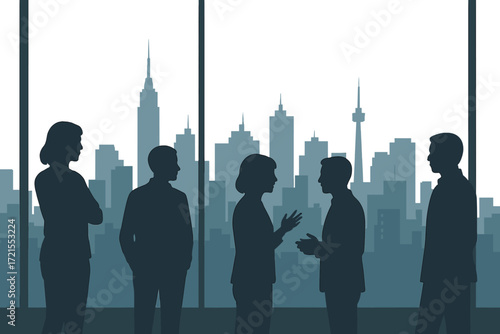 The city skyline is seen from a high-rise, with silhouettes of people