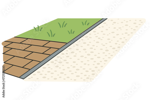 A metal strip curb separates stone tiles from white gravel along a park path, serving as decorative edging in urban landscape design and showcasing engineering details of public spaces