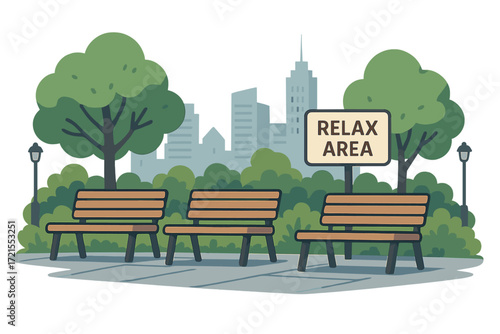 Modern urbanism is illustrated by a row of wooden benches in a city park that also serves as a designated relaxation area
