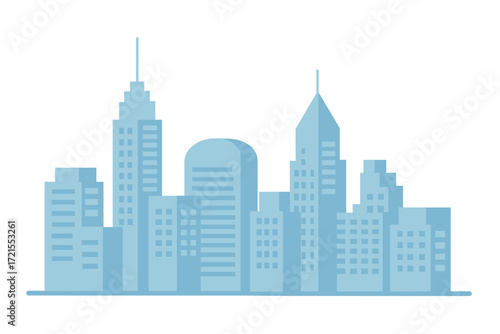 Contemporary city skyline rendered in gentle blue hues, featuring a minimalist style