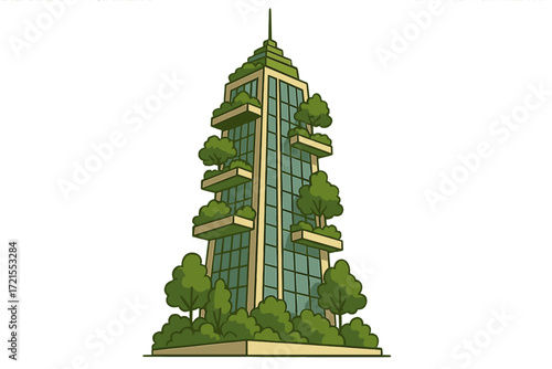 A modern architectural marvel: an eco‑friendly skyscraper adorned with lush greenery