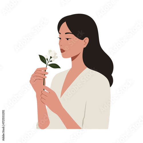 Woman smelling a white flower, side view, illustration.