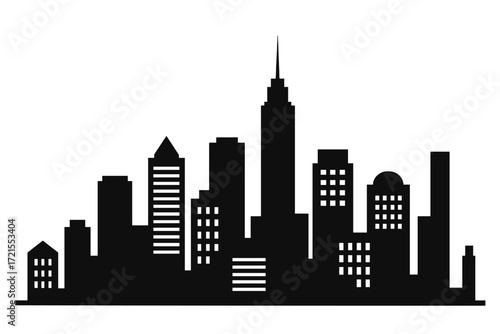 Black and white silhouette of an urban skyline, buildings, city illustration