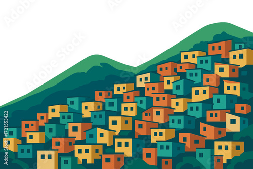 The vibrant houses cling to the hillside in a deliberate disorder, mirroring the beauty and tenacity of city life against a breathtaking natural backdrop