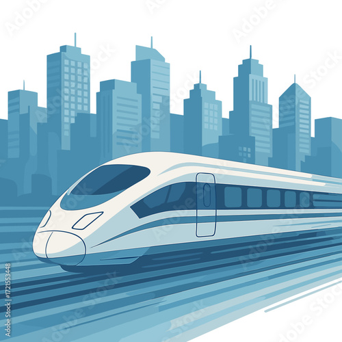 Speedy cityscape transit, futuristic train, urban commute, motion blur, skyscrapers, business district