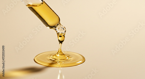 Luxurious golden serum dripping from pipette for skincare ads, showcasing natural beauty products and their hydrating benefits for radiant skin