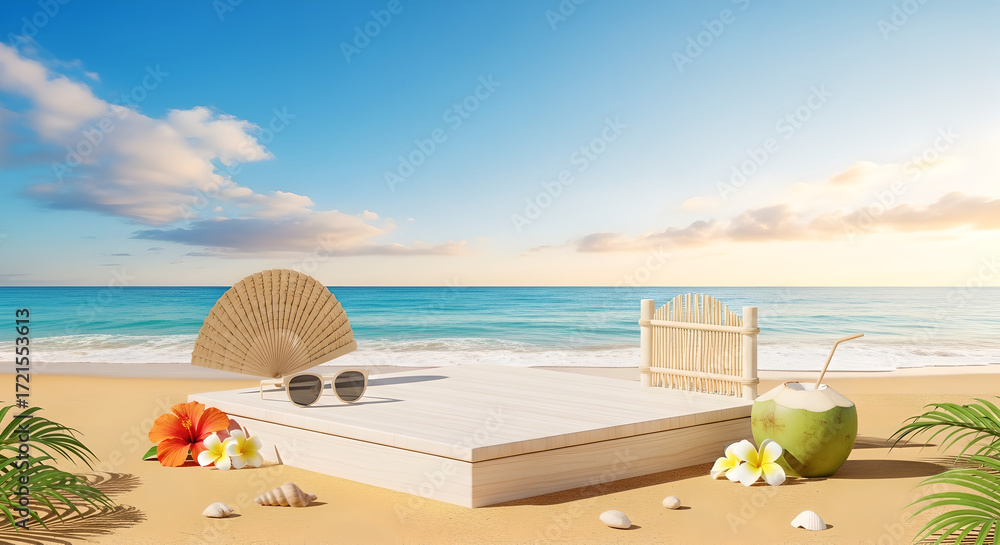 Obraz premium Tropical wooden podium on a sandy beach with a coconut drink and sunglasses