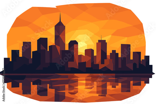 Urban skyline at sunset, polygonal art, cityscape, design