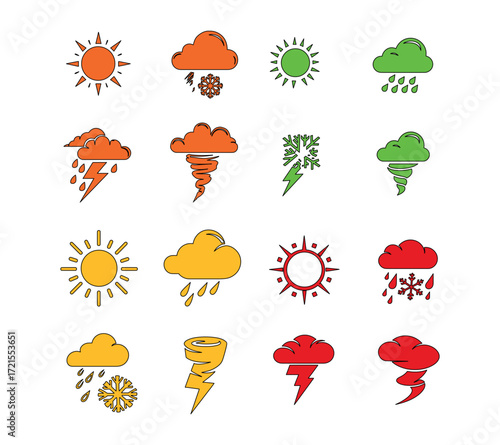A collection of weather icons including sun clouds rain lightning snow and tornadoes in various colors, A set of icons for weather: a sun, a cloud with rain, a snowflake, a lightning bolt
