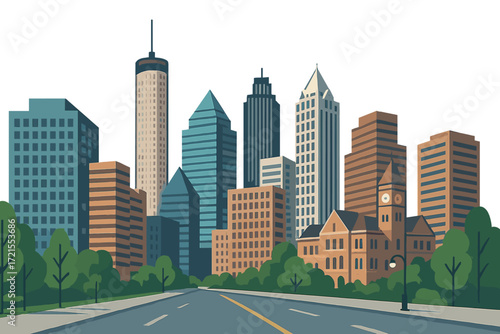 Modern architecture and city streets form the urban landscape of Atlanta's skyline panorama in Georgia, USA