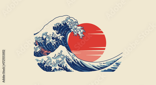 Vintage-style graphic of a large ocean wave crashing, with a stylized red sun in the background.