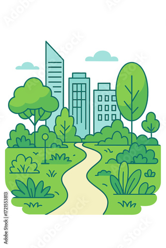 Urban Landscape Design Featuring Greenery, Modern Architecture, and a Pathway to Tranquility in the City Center