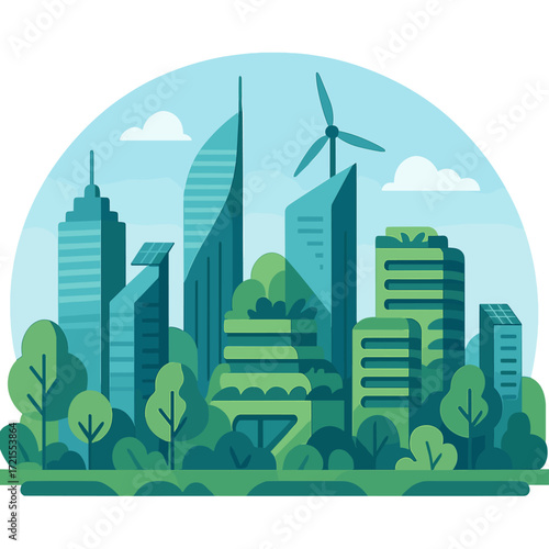 A futuristic, eco-friendly cityscape featuring towering buildings and abundant greenery beneath a blue sky